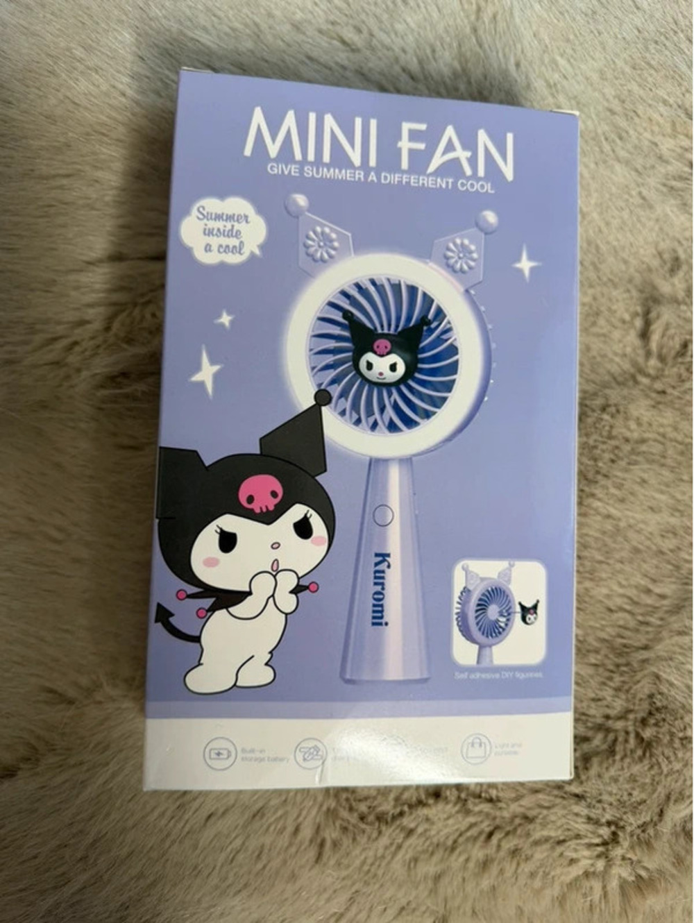 Sanrio Kuromi Mini Handheld Fan Rechargeable USB-C Battery LED Purple/White